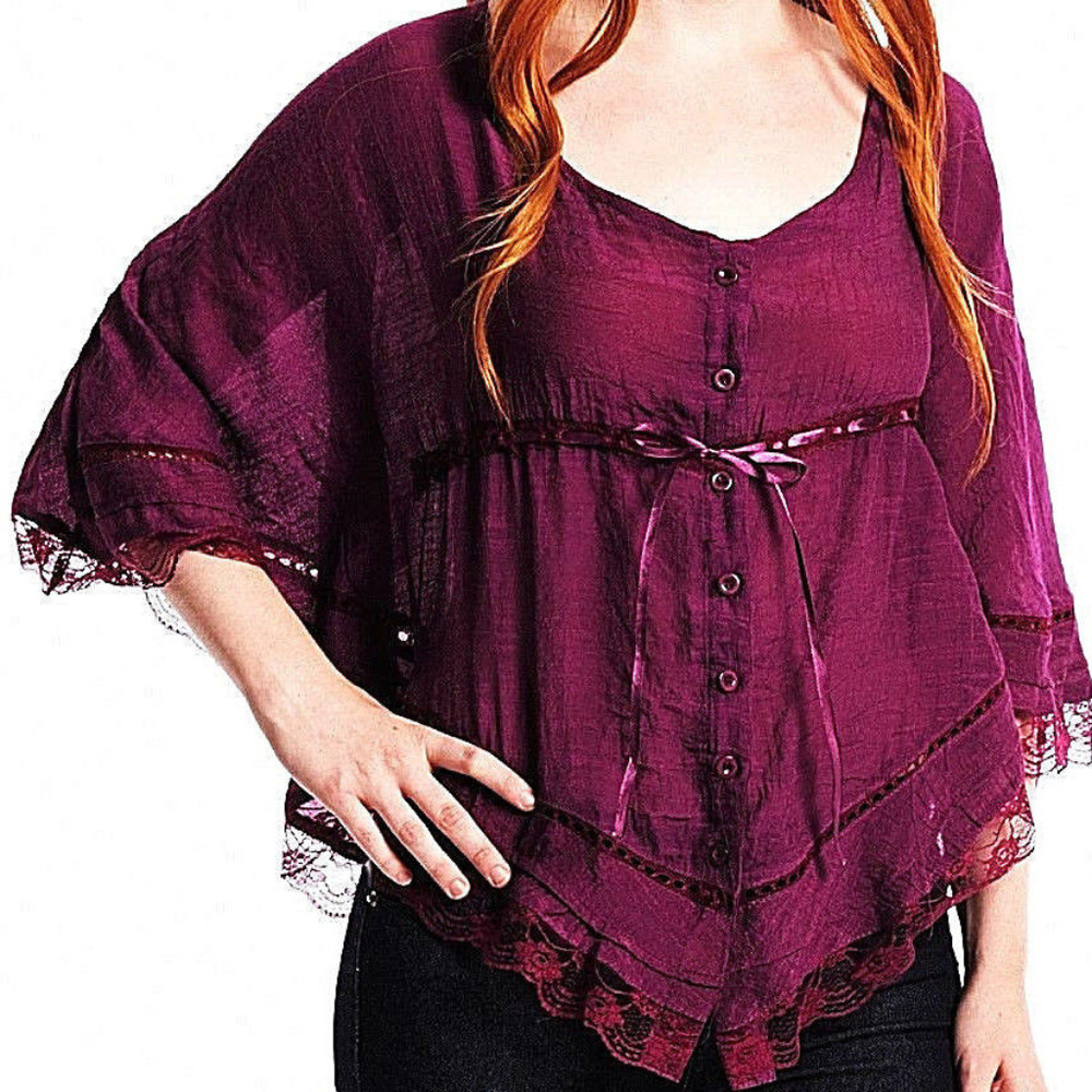 EMpiRE WAiST PLUM TOP RiBBoN LAcE Cape Bat Sleeve